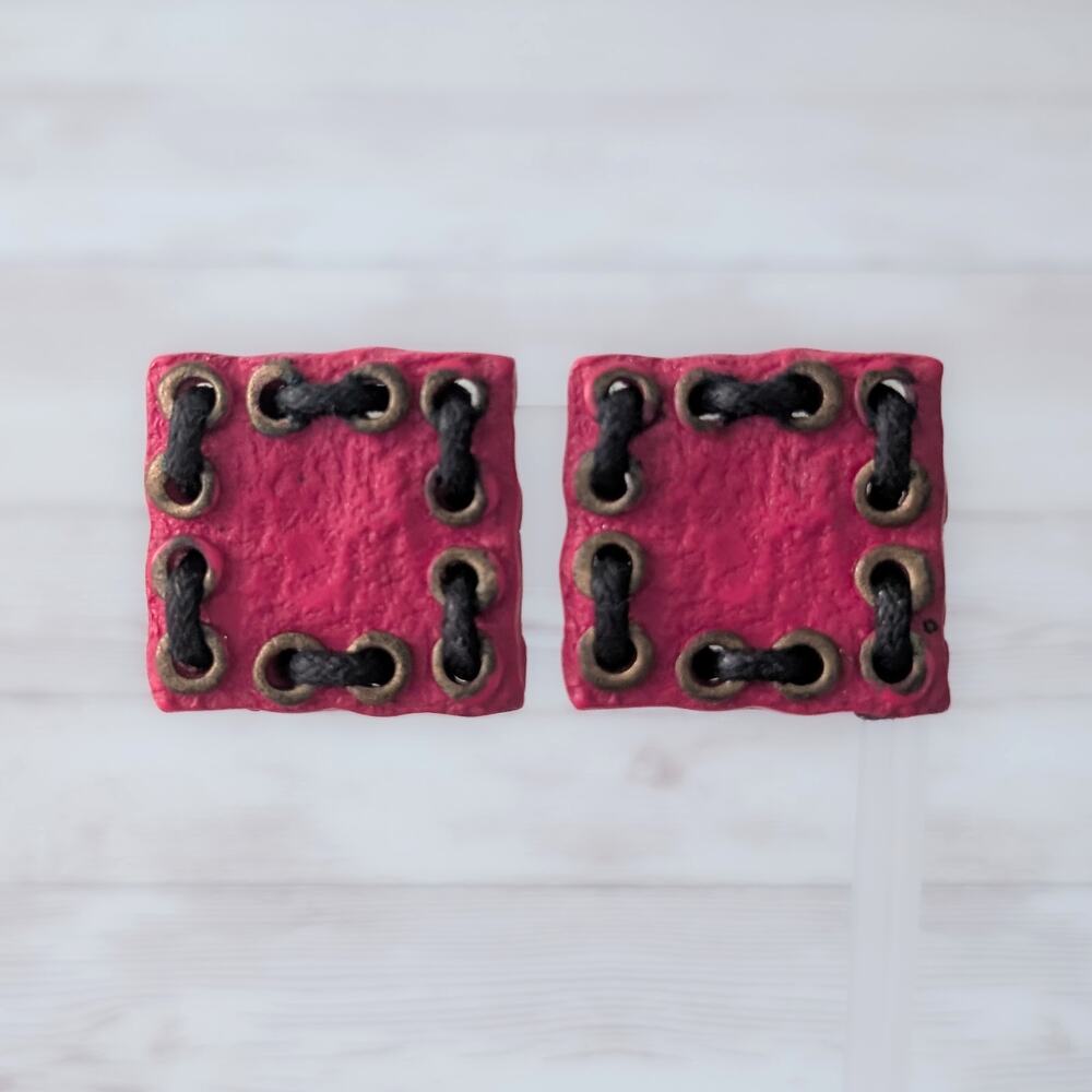 Vintage Clip On Earrings Large Statement Pink Square with Dark Brown Cord